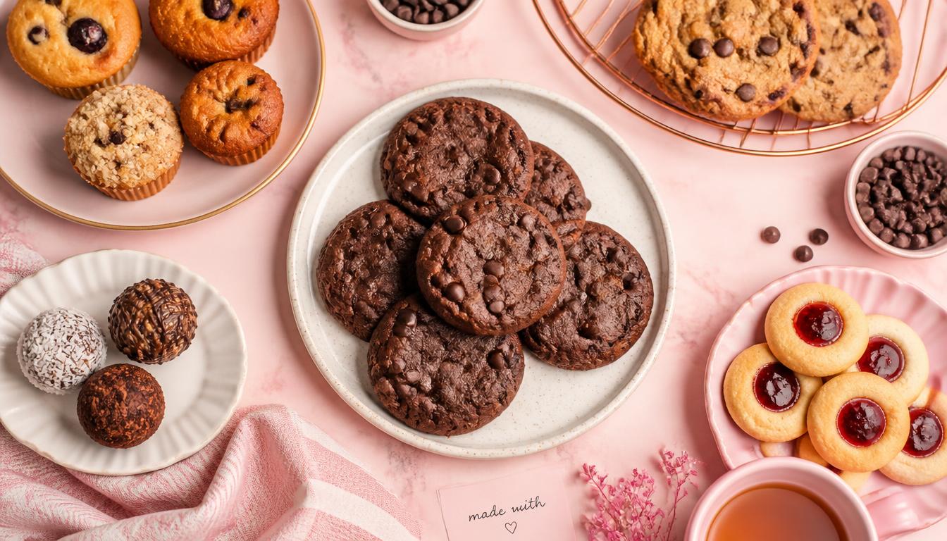 A spread of homemade allergy-free cookies and pastries on a pink surface